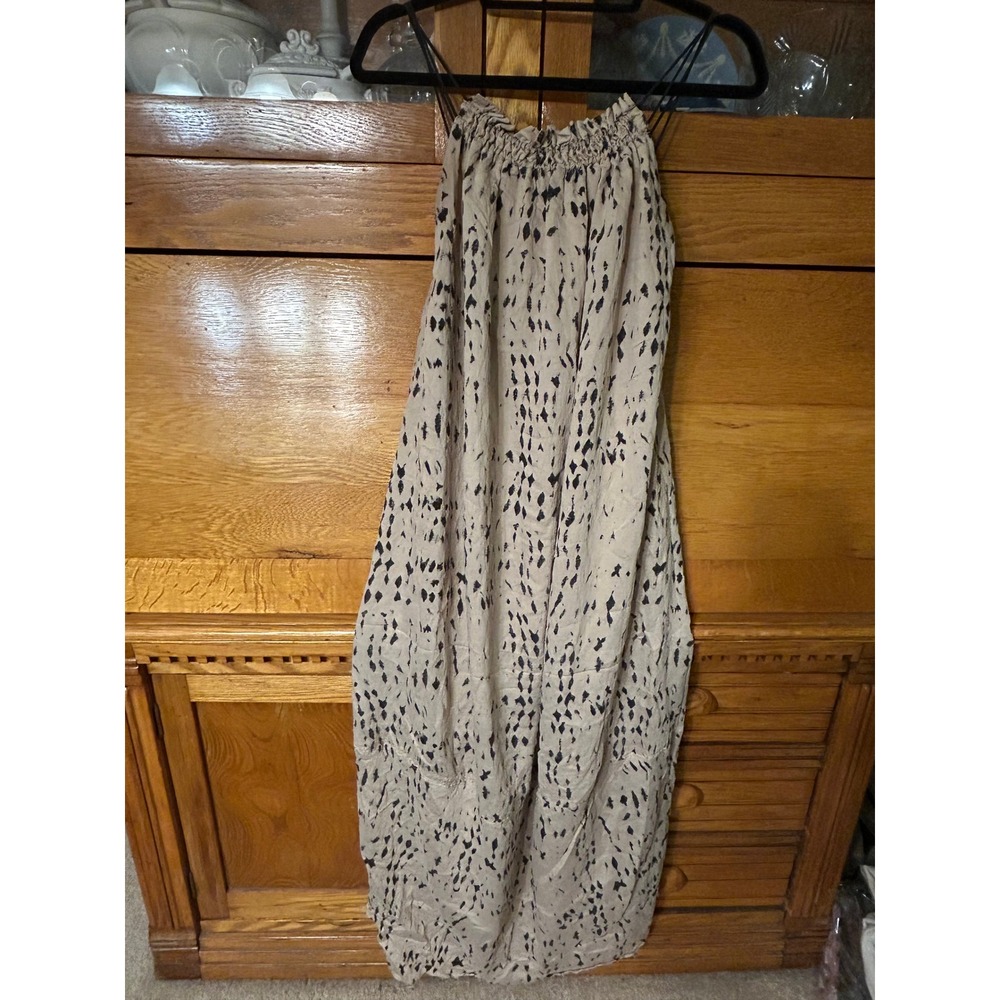 H&M Conscious Womens XS Beige Black Abstract Print Smocked Halter Maxi Dress